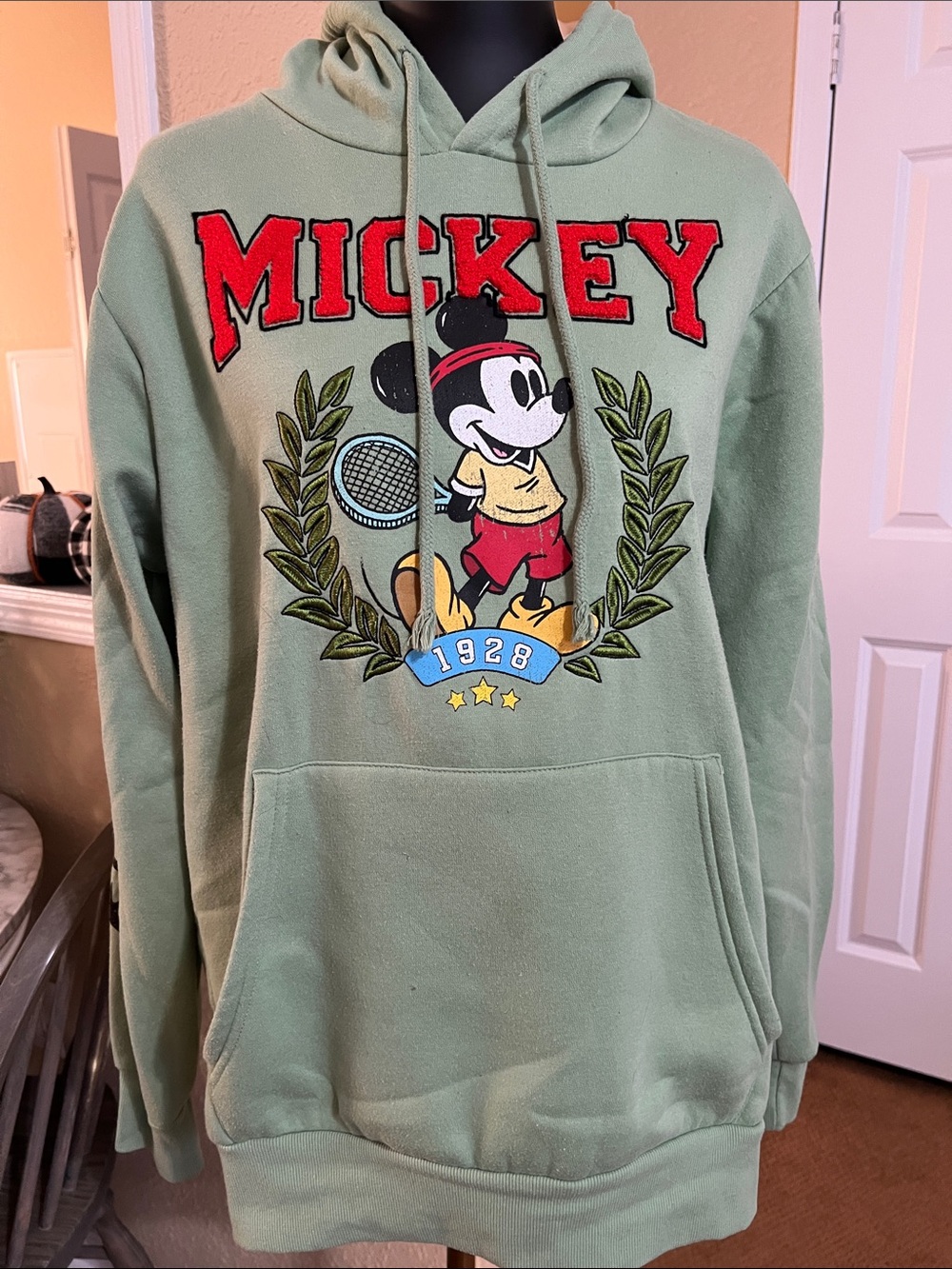 Disney Mickey Tennis Graphic Hoodie - Sage Green with Red